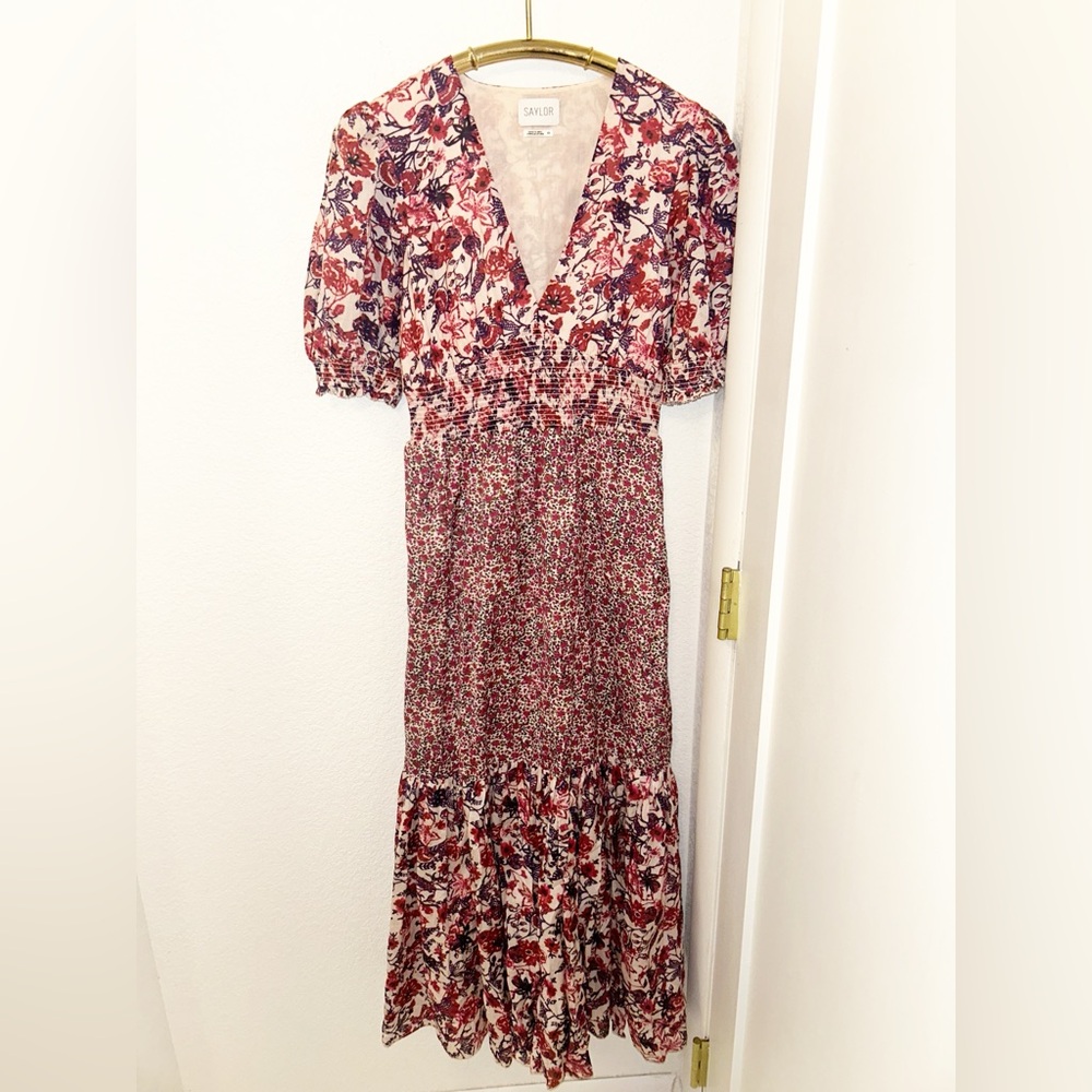 SAYLOR NYC The Elizabeth V-Neck Puff Sleeve Smocked Maxi Dress in floral SZ: X-S